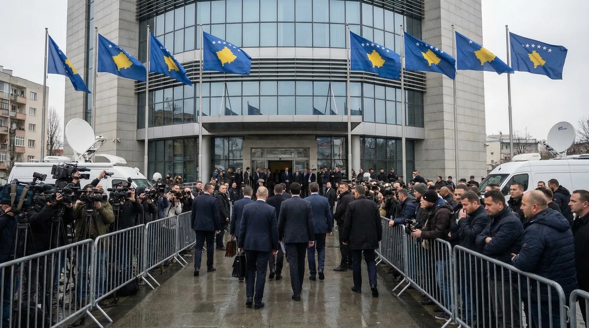 Сграда на парламента в Прищина с журналисти и камери пред входа на фона на политическа криза в Косово.