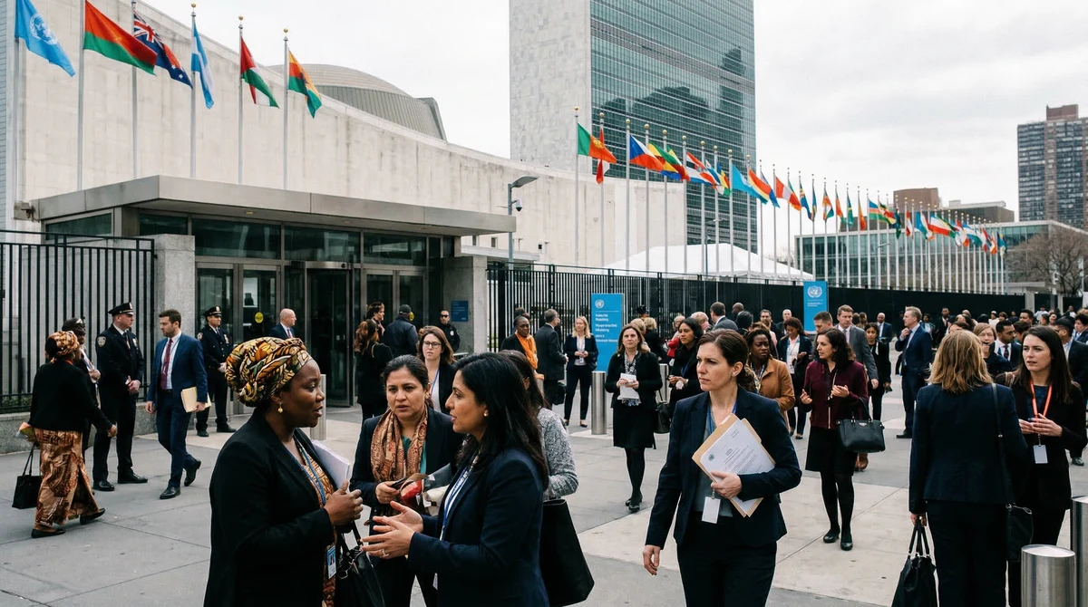 Делегати пред и в сградата на ООН в Ню Йорк по време на заседание за правата на жените