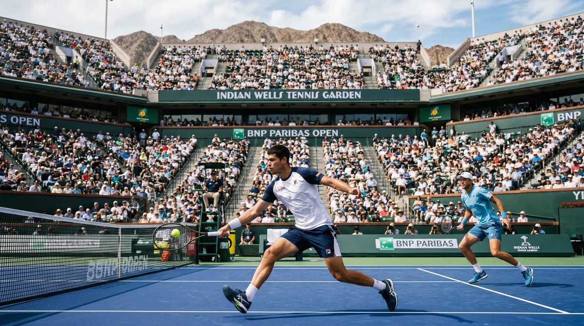 Изглед към финален мач по тенис на открит твърд корт в Indian Wells Tennis Garden пред пълни трибуни.