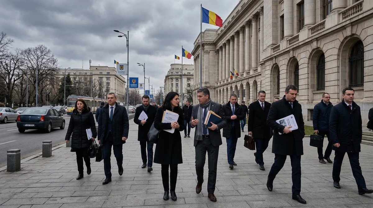 Правителственият район в Букурещ с румънски знамена и хора с документи, свързани с икономически доклад.