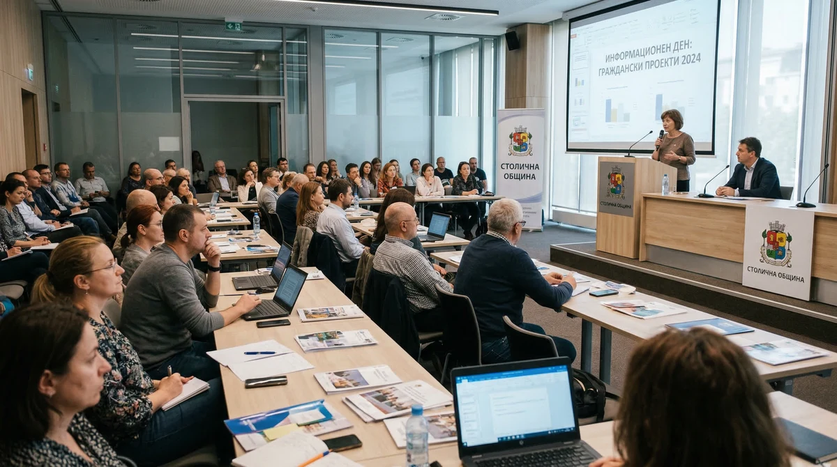 Представители на граждански организации на информационна среща в общинска зала в София за кандидатстване по Програма „Европа“ 2026