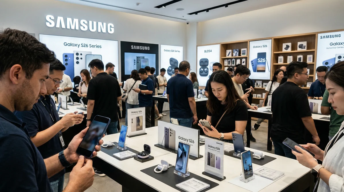 Щанд на Samsung в магазин за електроника с изложени Galaxy S26 и Buds4 и демонстрация на защита на екрана