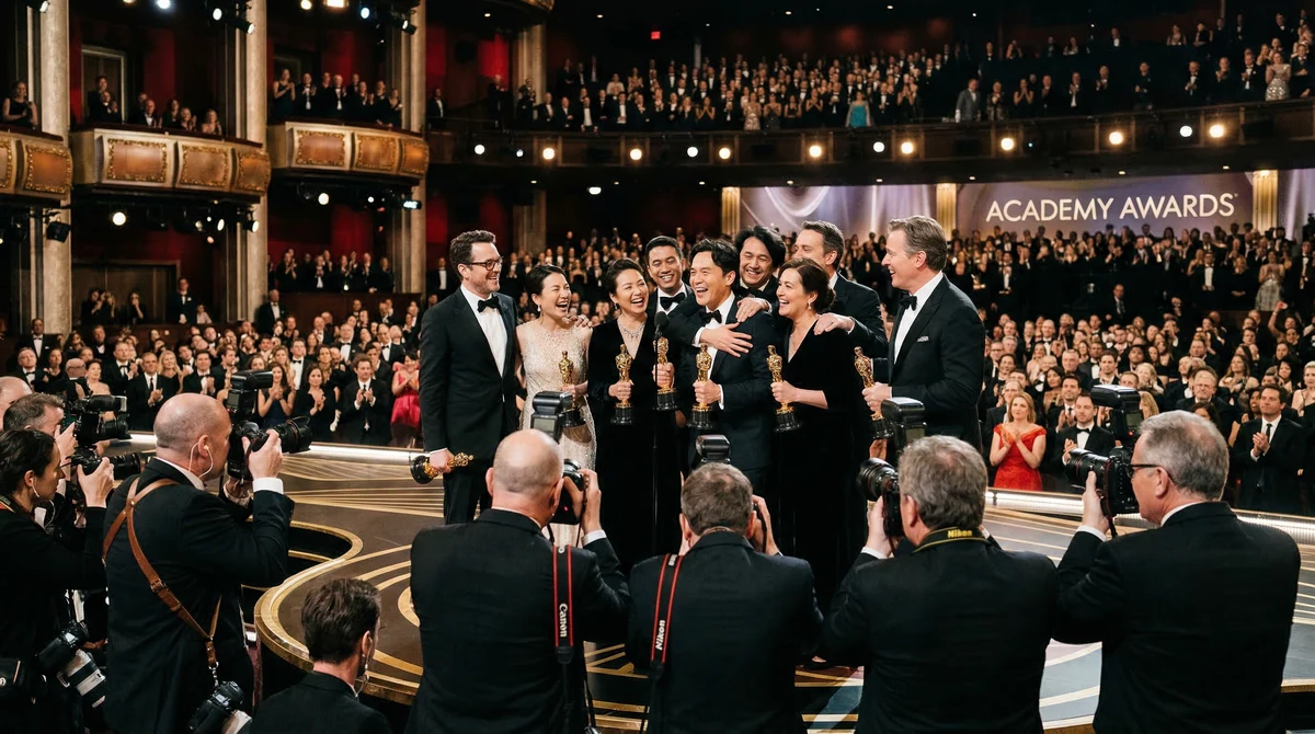 Сцена от церемония по филмови награди в Лос Анджелис с победители на сцената и фотографи пред нея