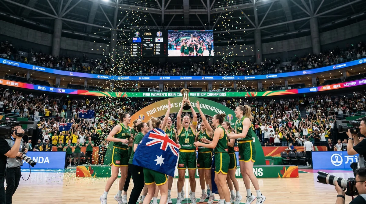 Състезателки от женския национален отбор на Австралия по баскетбол празнуват с трофей след финал в зала.