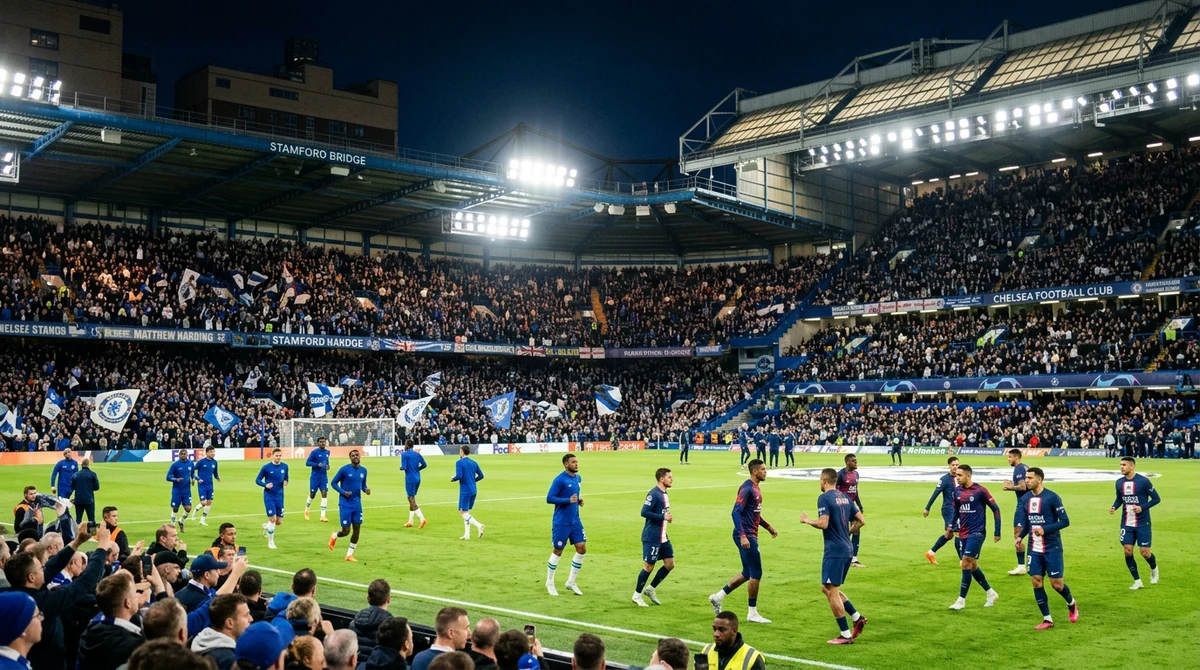 Играчите на Челси и ПСЖ загряват преди реванша от Шампионската лига на осветен стадион в Лондон.