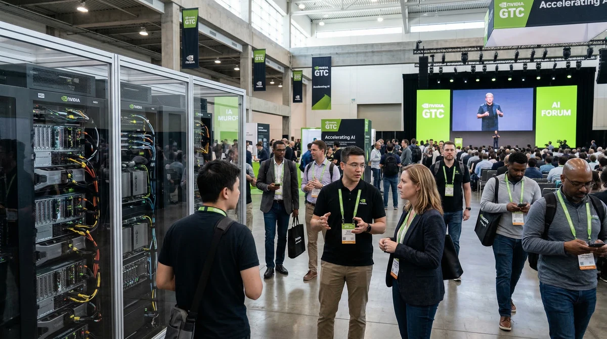 Сцена от технологична конференция с AI инфраструктура, сървърни шкафове и брандиране на NVIDIA