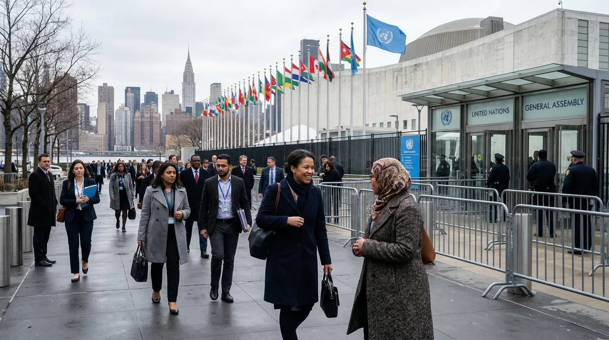 Делегати пристигат в централата на ООН в Ню Йорк за сесия за достъпа до правосъдие за жени и момичета.