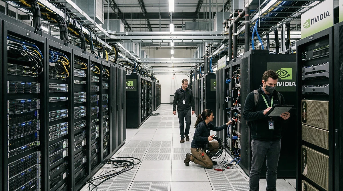 Модерен AI център за данни със сървърни шкафове, мрежово оборудване и течно охлаждане, свързан с новата инфраструктурна стратегия на NVIDIA
