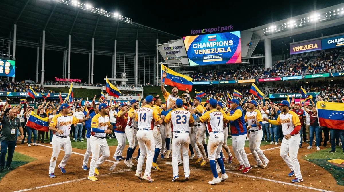 Играчите на Венецуела празнуват победа на бейзболен стадион в Маями след финал за международна титла.