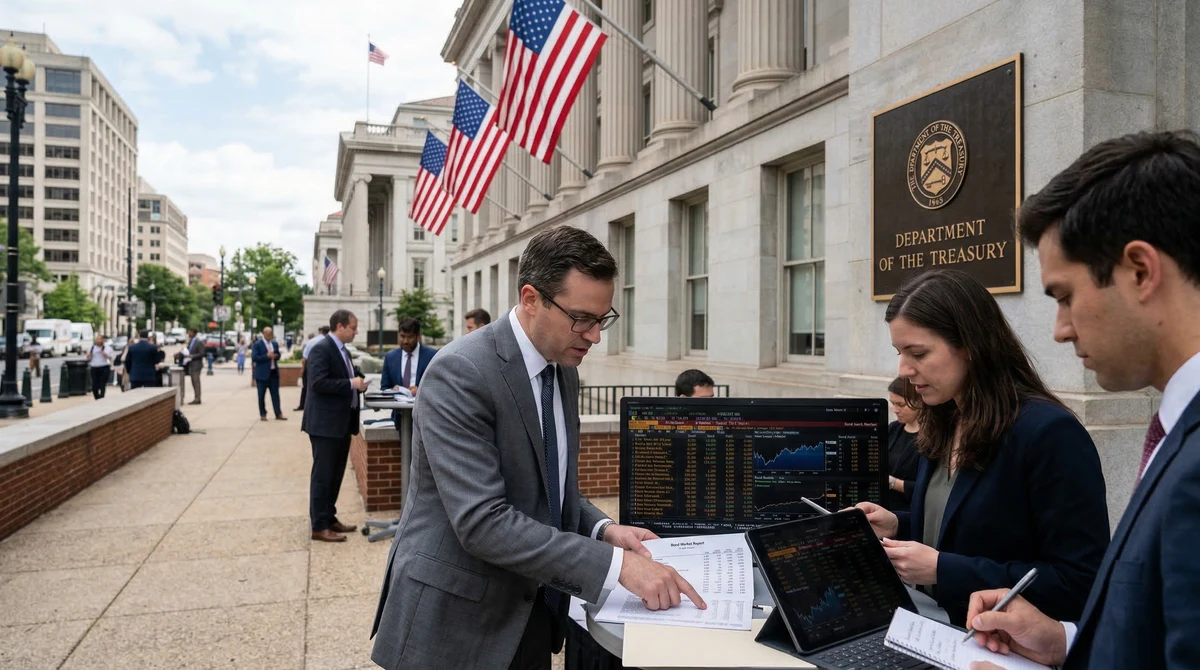 Сградата на Министерството на финансите на САЩ и финансови специалисти, които преглеждат данни за пазара на държавни облигации.