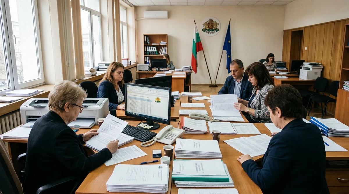 Служители на изборната администрация преглеждат документи и данни за кандидатски листи в офис