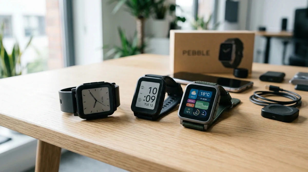 Два модерни смартчасовника с e-paper екрани върху бюро, представящи завръщането на Pebble към по-прости устройства с дълъг живот на батерията.