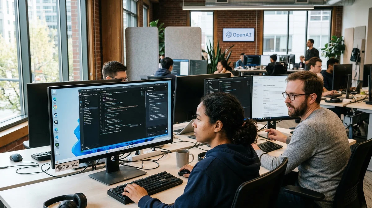 Разработчици работят на Windows компютри с интерфейс на AI инструмент за програмиране в офис среда.