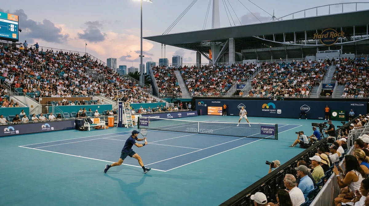 Изглед към корт на Маями Оупън в Hard Rock Stadium по време на мач от мъжката схема