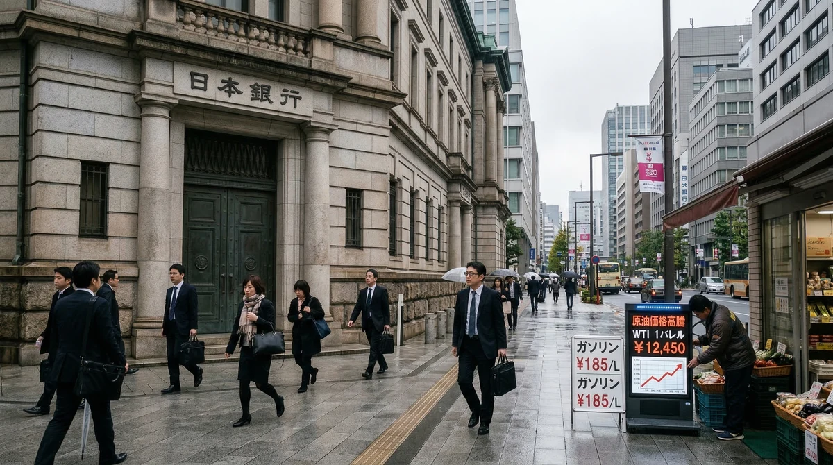 Сградата на Bank of Japan в Токио на фона на финансовия район и пазарни сигнали за поскъпване на петрола.