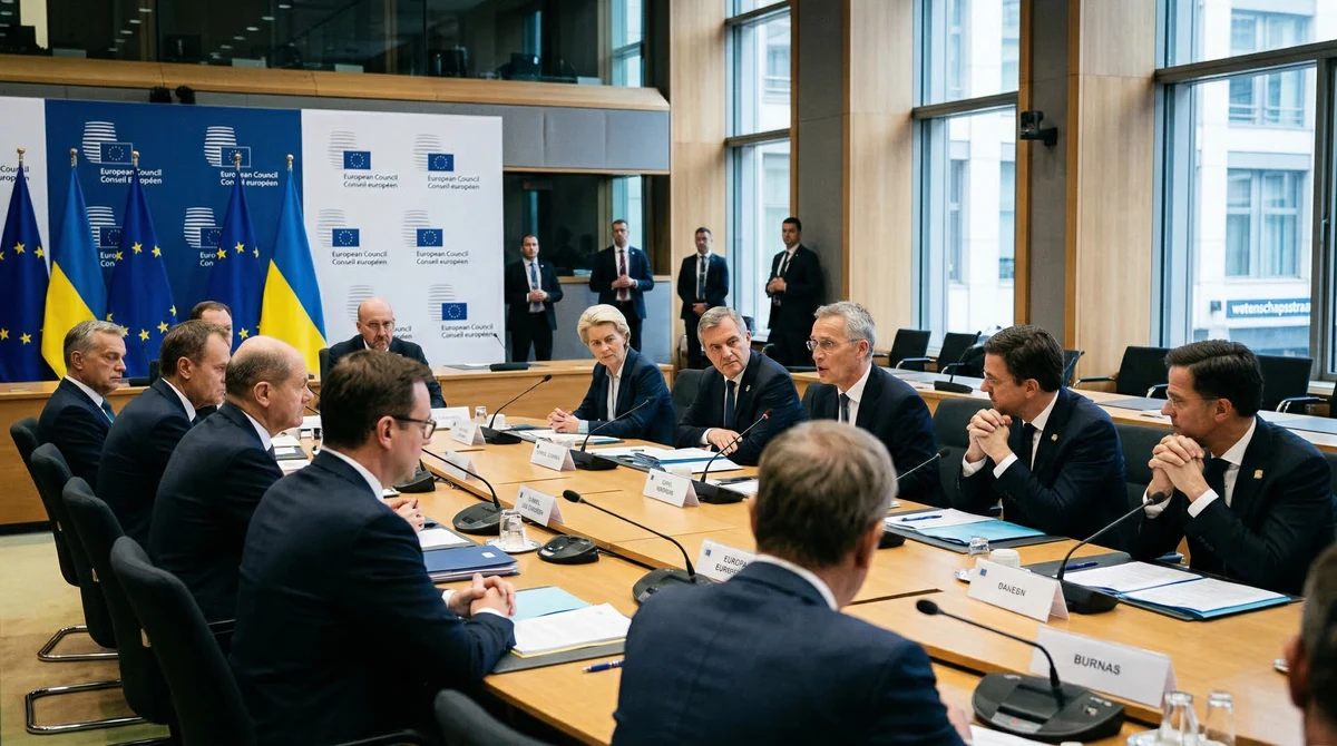 Лидери на ЕС на среща в Брюксел с флагове на ЕС и Украйна по време на обсъждане на санкции и финансова помощ