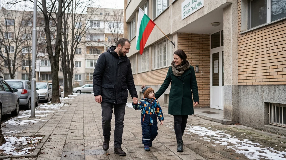 Родители с малко дете пред общинска детска градина в градска среда