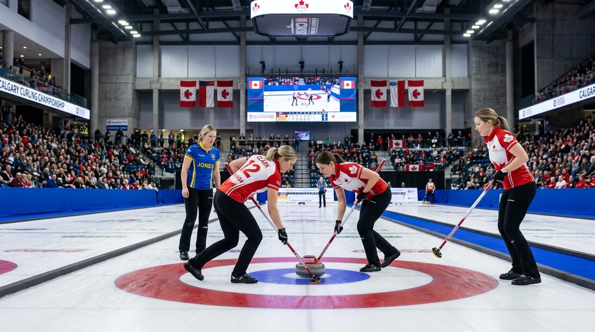 Състезателки по кърлинг играят мач на световното първенство за жени в закрита ледена арена в Калгари.