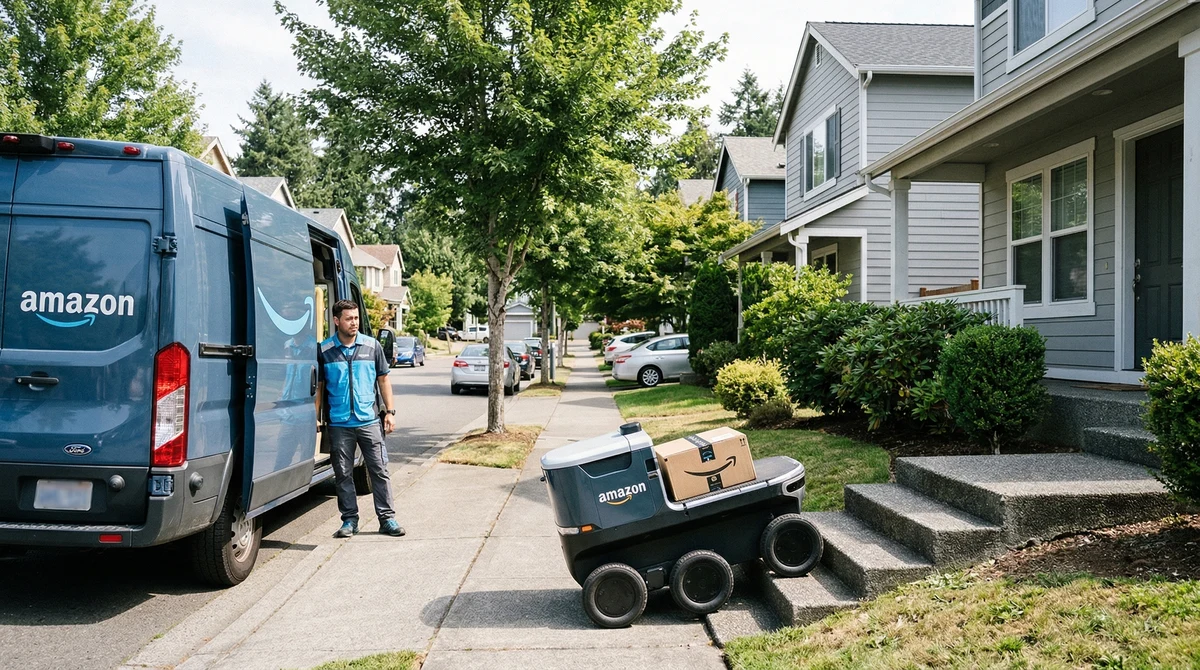Робот за доставки носи пратка по стълби към входна врата до паркиран ван на Amazon в жилищен квартал.