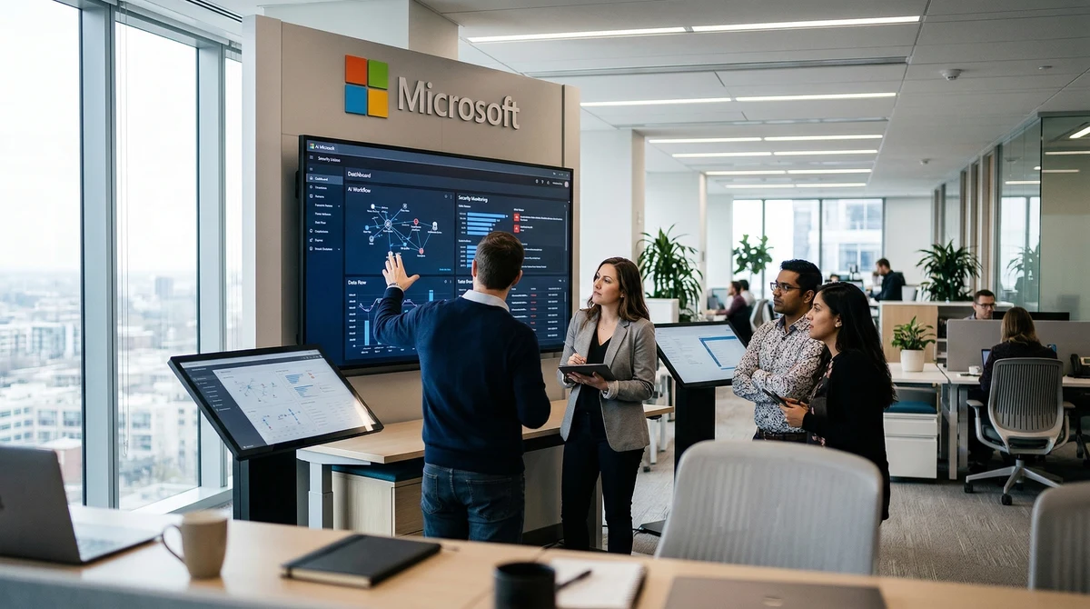 Служители в модерен офис разглеждат табла за AI процеси и корпоративна сигурност в среда на Microsoft.