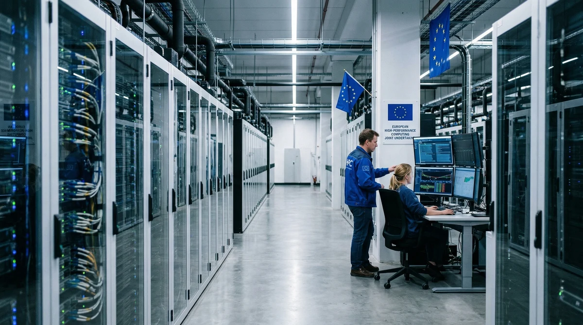Сървърна зала в европейски изчислителен център с инженери, които наблюдават системи за AI и облачна инфраструктура.