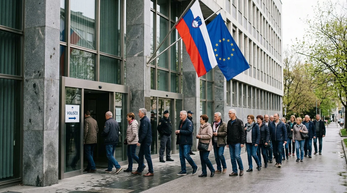 Избиратели пред секция в Любляна до сграда на институция, със словенски и европейски знамена