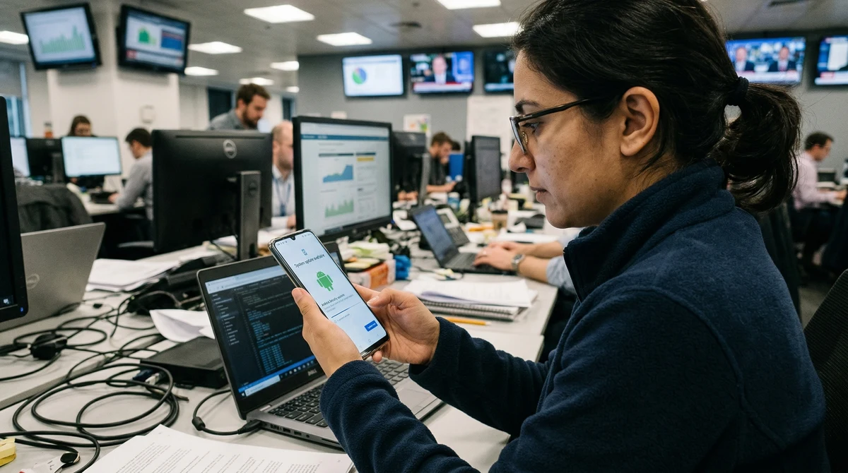 Смартфон с екран за актуализация на сигурността на Android в офис среда