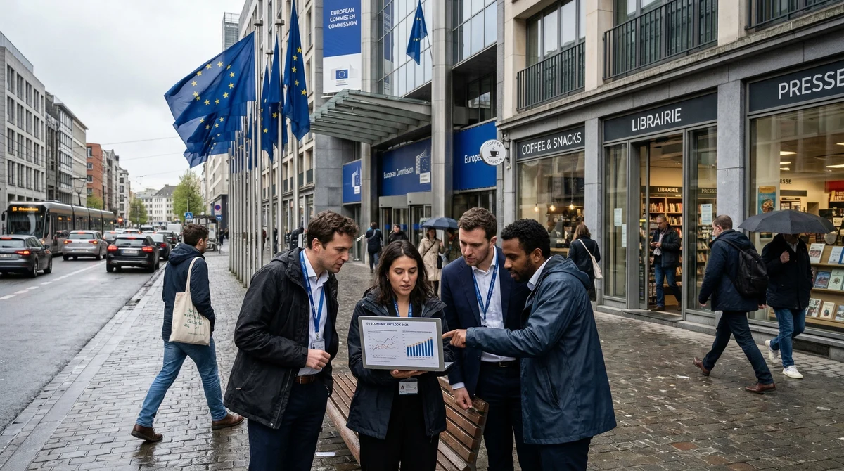 Знамена на ЕС пред институционална сграда, докато хора минават покрай магазини и служители разглеждат икономически данни.