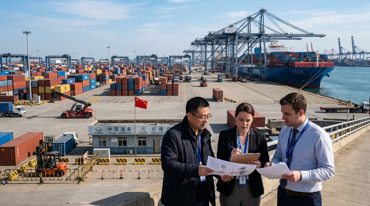 Контейнерно пристанище в Китай и бизнес представители, които обсъждат търговски документи