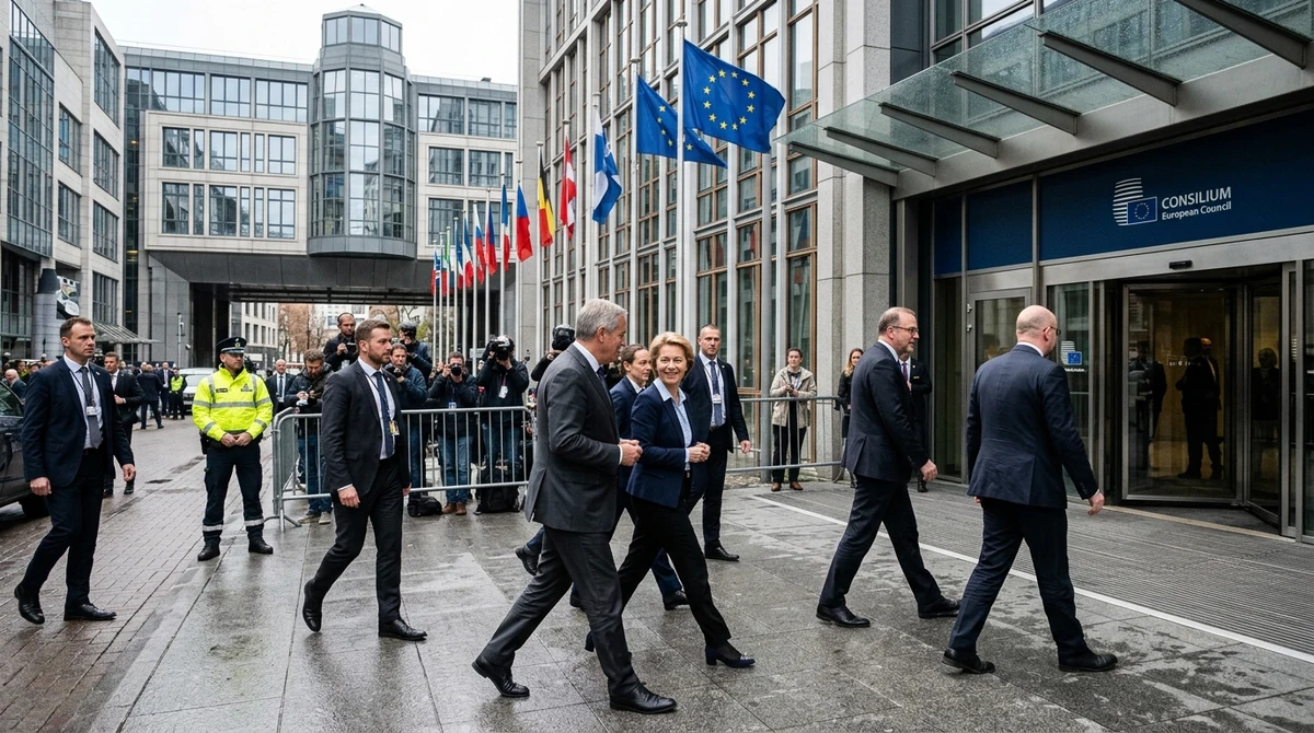 Лидери на държави от ЕС пристигат за среща на върха в Брюксел пред сграда с европейски знамена.