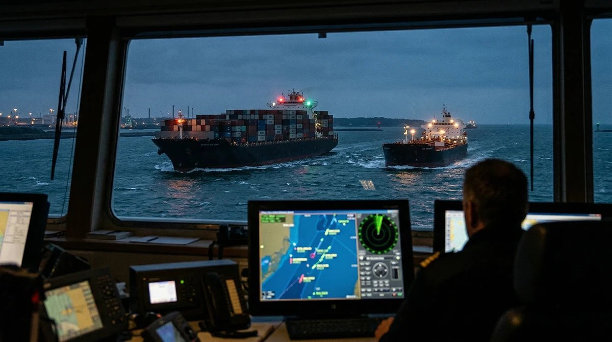 Петролен танкер и контейнеровоз преминават през тесен морски коридор по здрач, с видими навигационни светлини и екран за AIS проследяване.