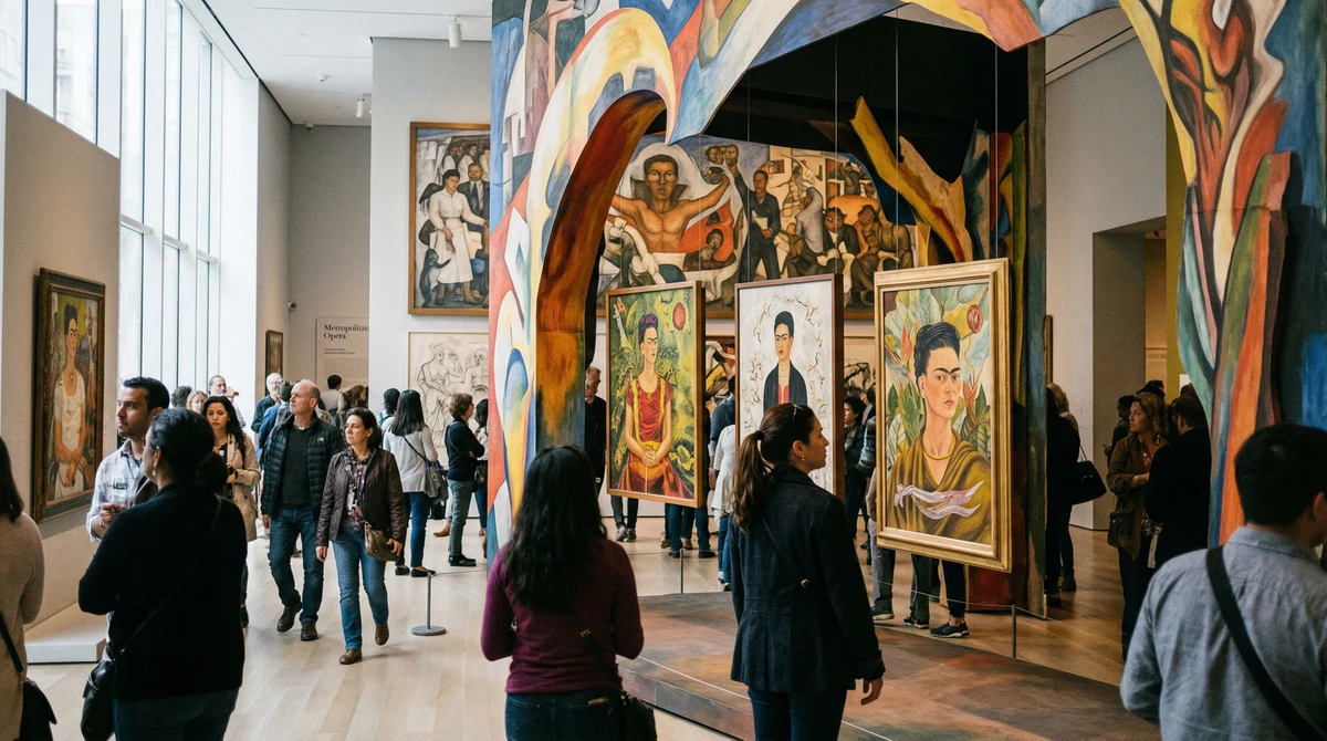 Посетители разглеждат изложба в модерен музей в Ню Йорк, свързана с Фрида Кало, Диего Ривера и оперна постановка.