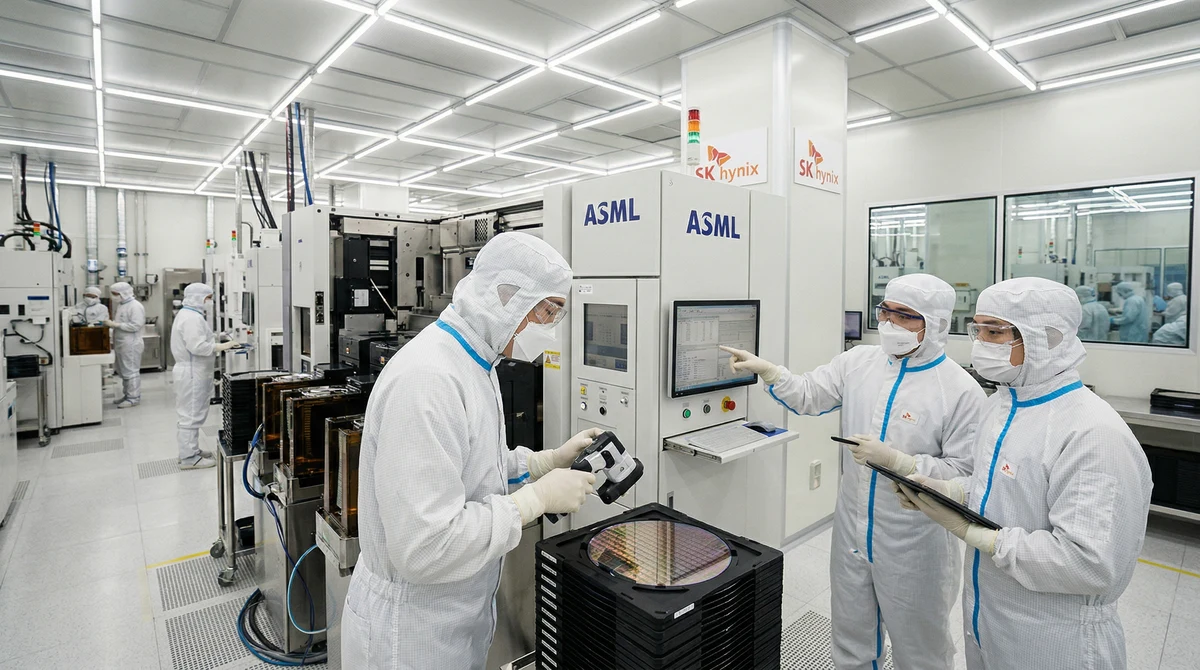 Инженери в модерен завод за полупроводници инспектират литографско оборудване за производство на памети за AI.