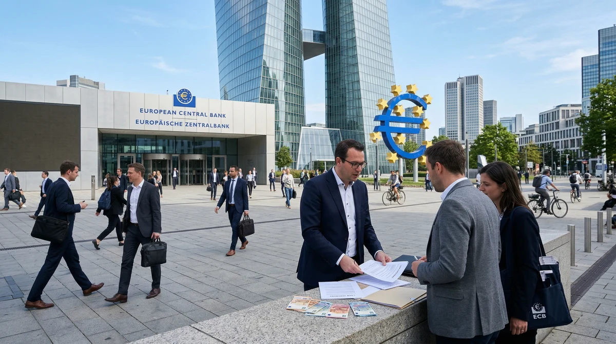 Сградата на Европейската централна банка във Франкфурт и визуални елементи, свързани с кредитирането и паричното предлагане в еврозоната.