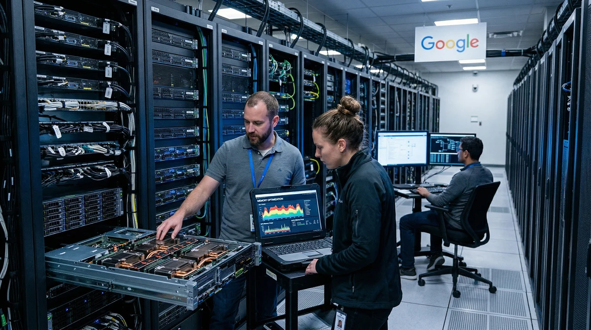 Инженери наблюдават сървърни шкафове и системи за AI изчисления в модерен център за данни на Google.