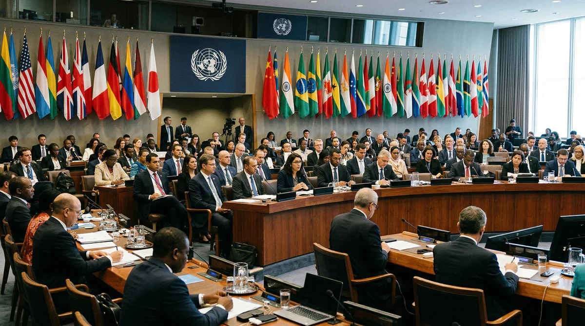 Дипломати на официална среща в зала на ООН в Ню Йорк по темата за международното данъчно сътрудничество.