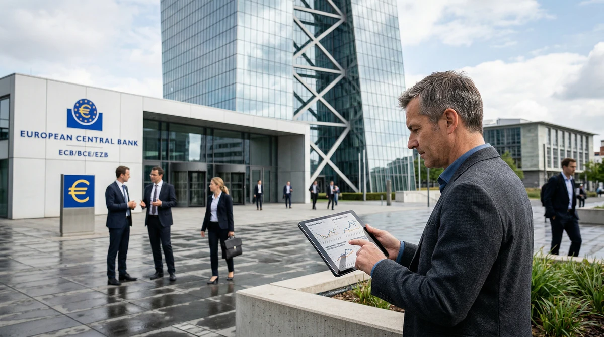Сграда на Европейската централна банка във Франкфурт с визуален акцент върху данни за инфлацията и пазара на труда в еврозоната.