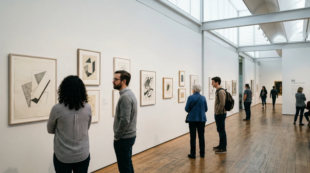 Посетители разглеждат изложба с рисунки на Сай Туомбли в музейно пространство на The Menil Collection в Хюстън.