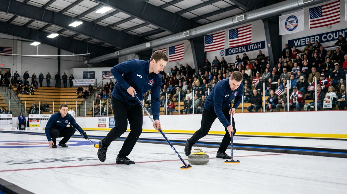 Състезатели по кърлинг играят в закрита ледена арена по време на световно първенство в Огдън