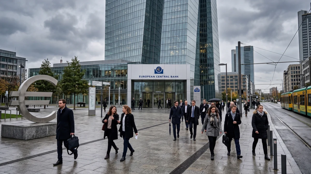 Сградата на Европейската централна банка във Франкфурт с видим символ на еврото и хора в бизнес района