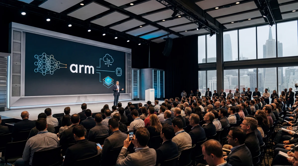 Сцена на технологична конференция с лого на Arm и визуализации за AI инфраструктура пред бизнес публика
