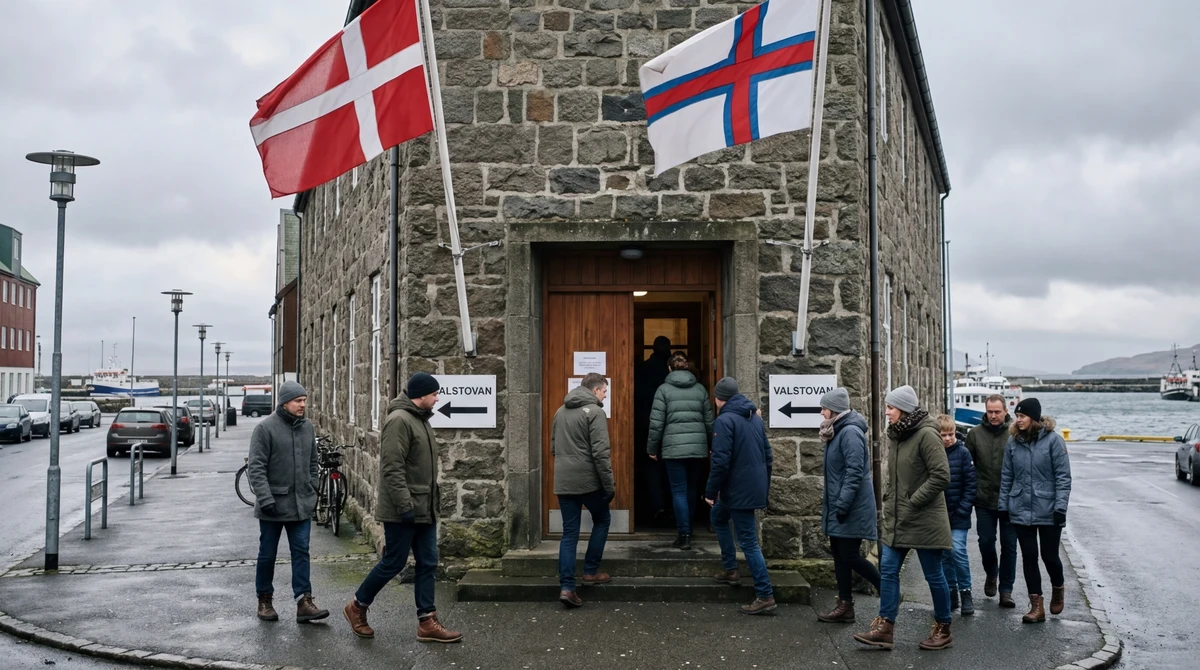 Избиратели пред секция на Фарьорските острови на фона на сграда на местната власт и знамена на Фарьорите и Дания.