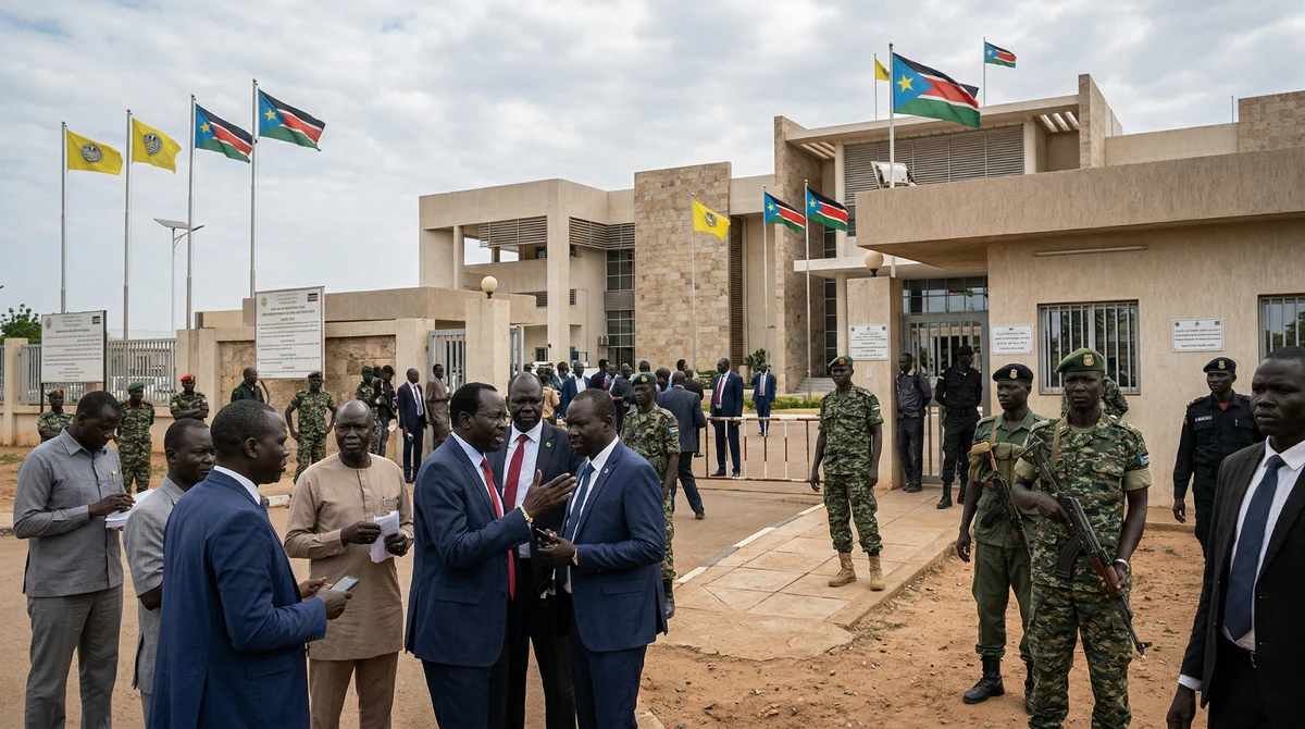 Правителствена сграда в Джуба с флагове на Южен Судан, служители и охрана на фона на политическа криза