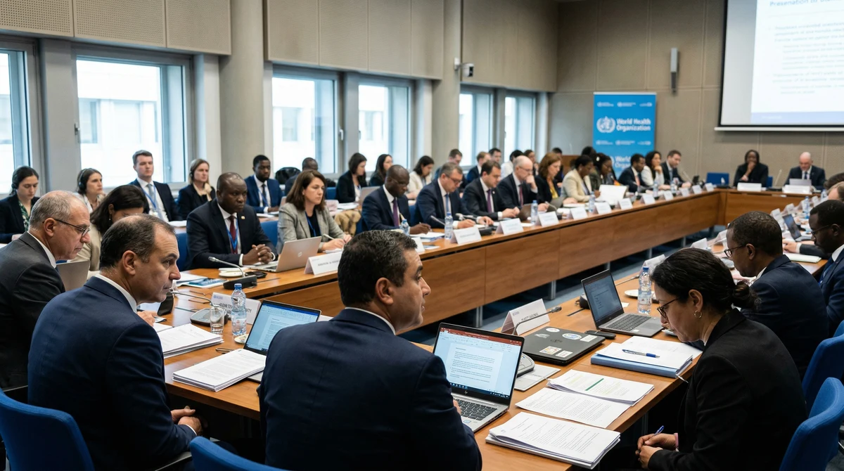 Делегати на международна здравна среща в конферентна зала по време на преговори на СЗО в Женева