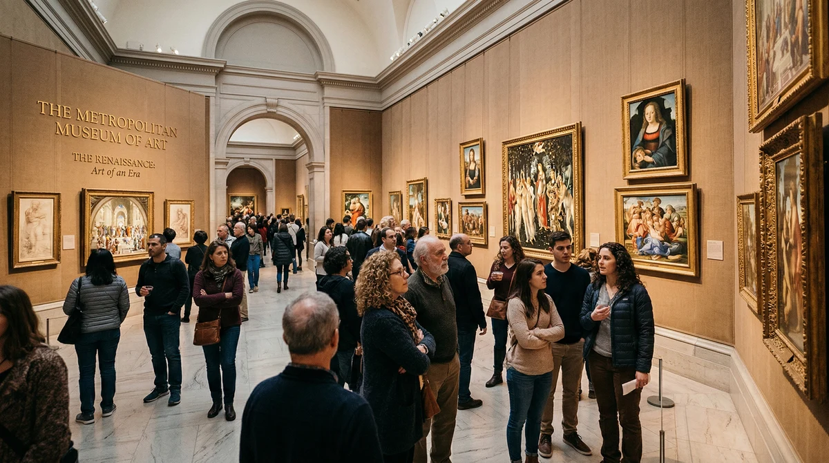 Посетители разглеждат ренесансови картини и рисунки в изложбена зала на музея „Метрополитън“ в Ню Йорк.