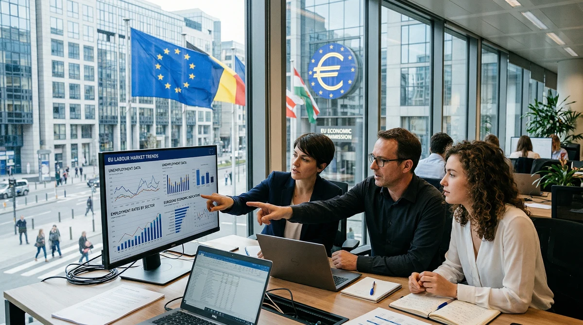 Служители в модерен европейски офис разглеждат данни за пазара на труда на екрани, с видими символи на ЕС и еврото.