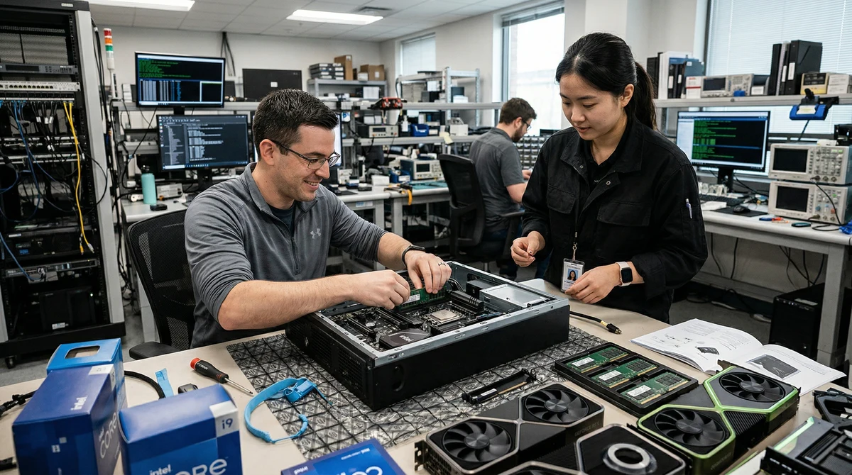 Работна станция от висок клас с отворен корпус, дънна платка и компоненти, свързани с новата серия Intel Xeon 600.