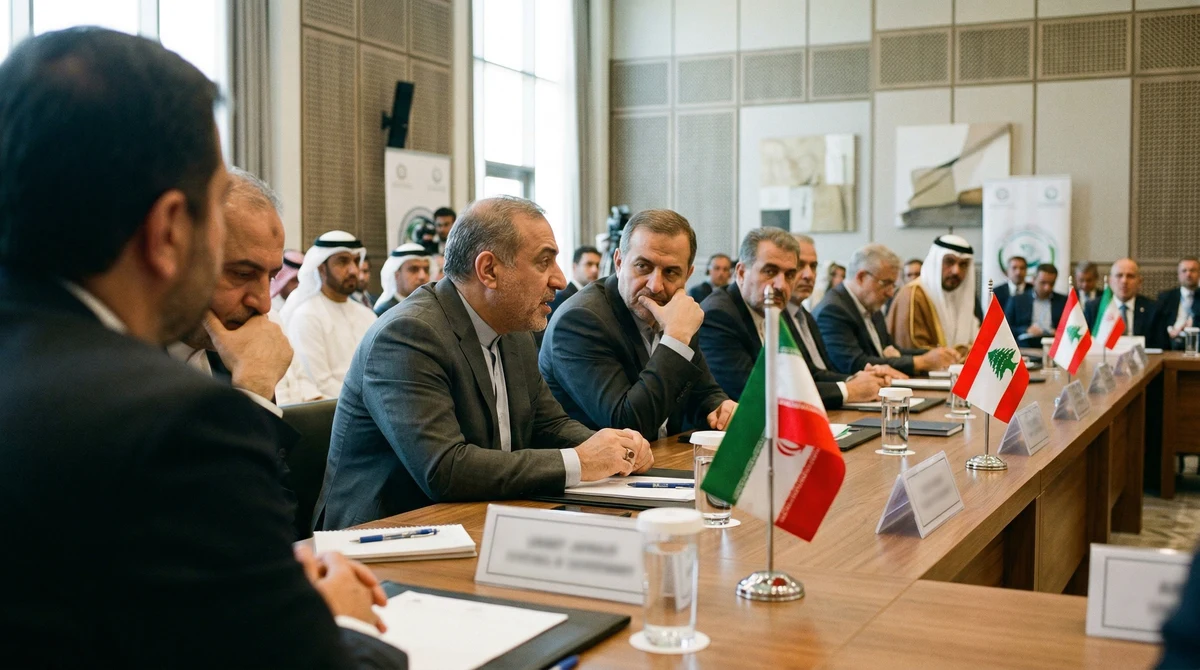 Дипломати на среща в правителствена сграда с видими ирански и ливански знамена по тема за примирие в Близкия изток