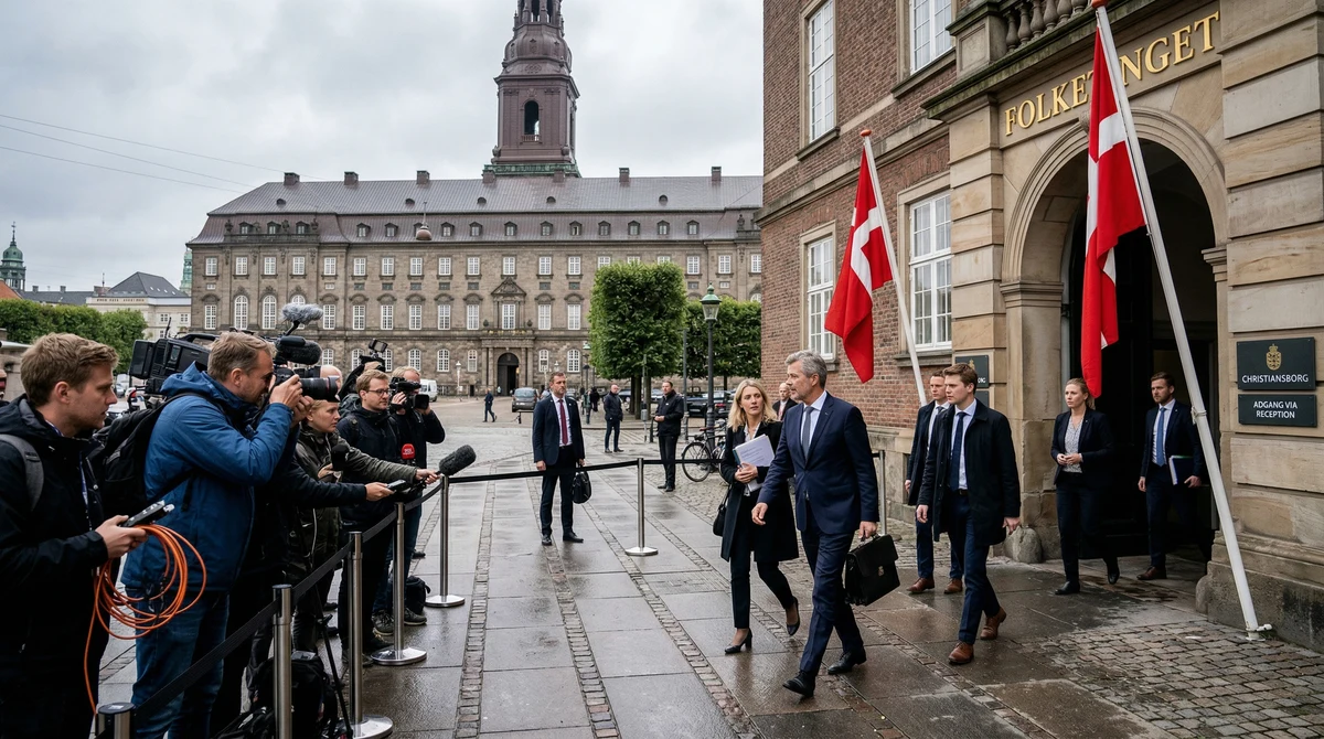 Сграда на датския парламент в Копенхаген по време на коалиционни преговори, с политици, журналисти и датски знамена