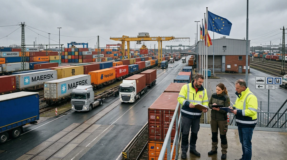 Интермодален товарен терминал в Европа с влакове, камиони и контейнери, символизиращ новите правила за държавна помощ в транспорта.